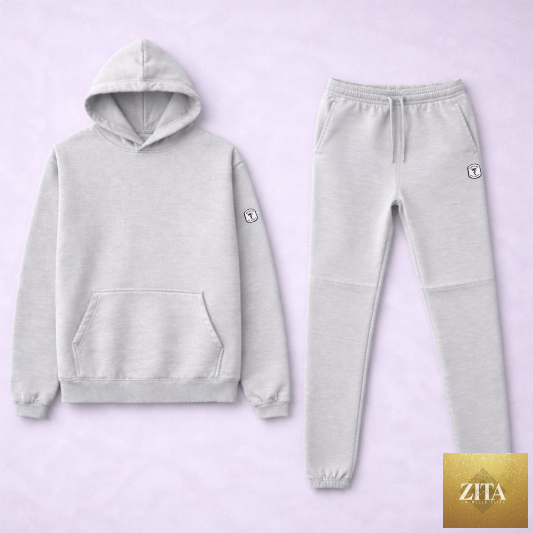 Cloudy grey men's sweatsuit by Kinetix Casual Luxury, featuring a comfortable fit and stylish casual athletic design.