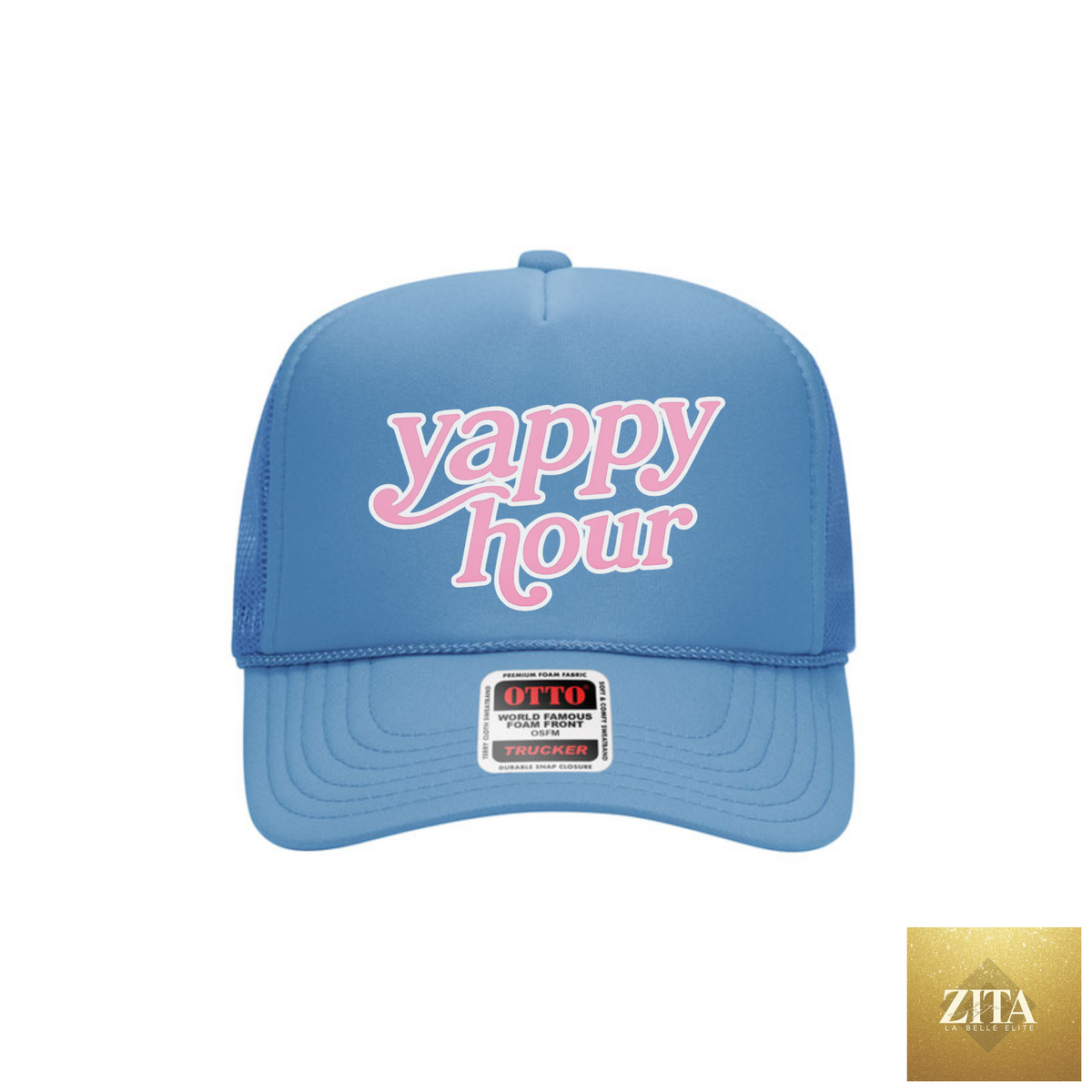 Blue Yappy Hour foam trucker hat by Hey Jude Graphic Tees featuring a fun summer design and classic trucker cap style.