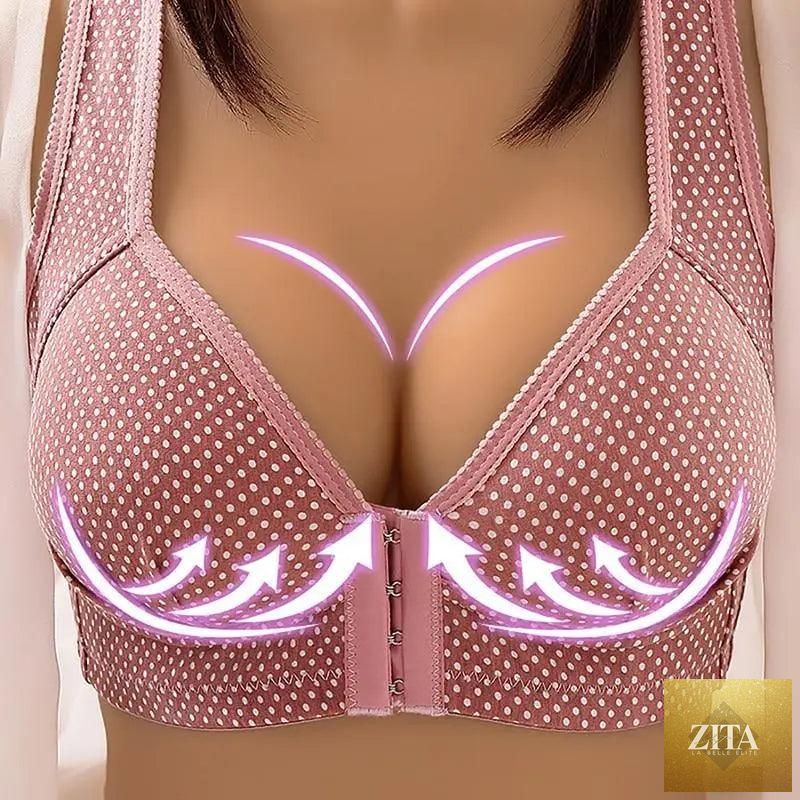 Zita La Belle Elite women's seamless cotton sports bra with front closure, full cup, wire-free push-up bralette for yoga and workouts.