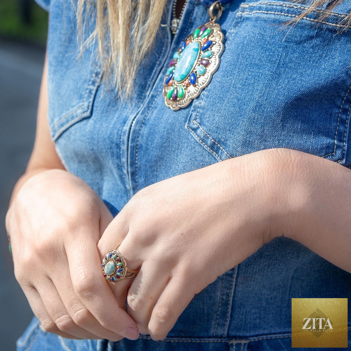 Colorful golden concho statement ring by Barse Jewelry, featuring vibrant design and bold western-inspired style.