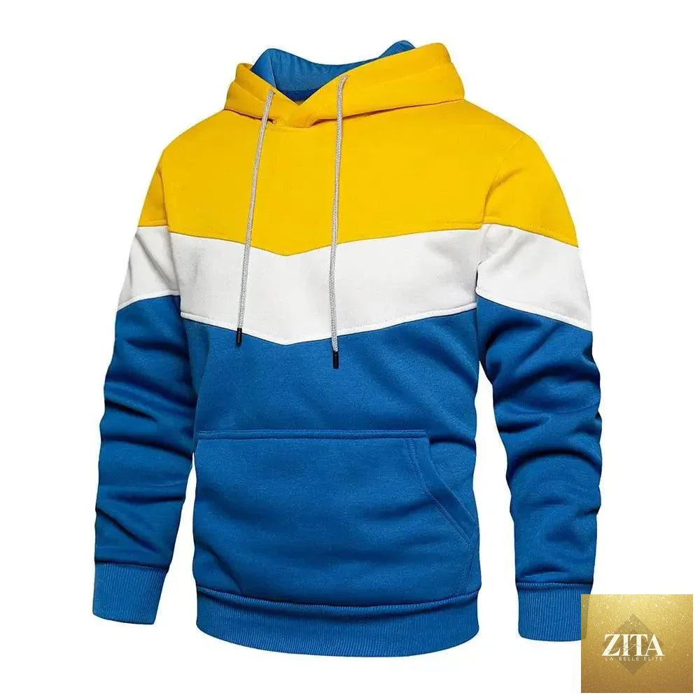 Men's patchwork hooded sweatshirt in casual sport clothing style, featuring a cool design with a relaxed fit and comfortable fabric.
