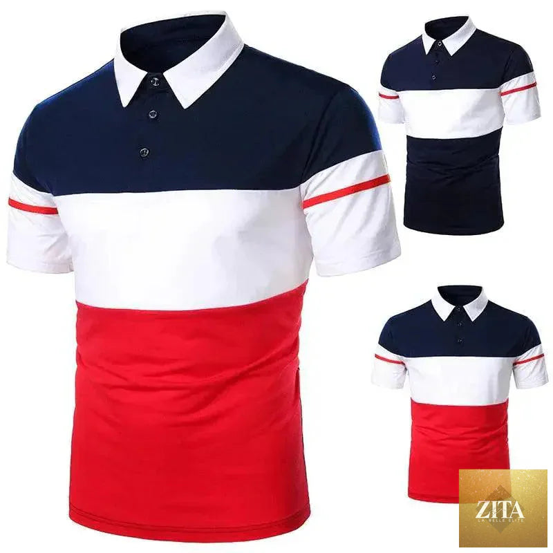 Stevvex men's short sleeve polo shirt with contrast colors, casual style, slim fit, suitable for summer streetwear and golf.