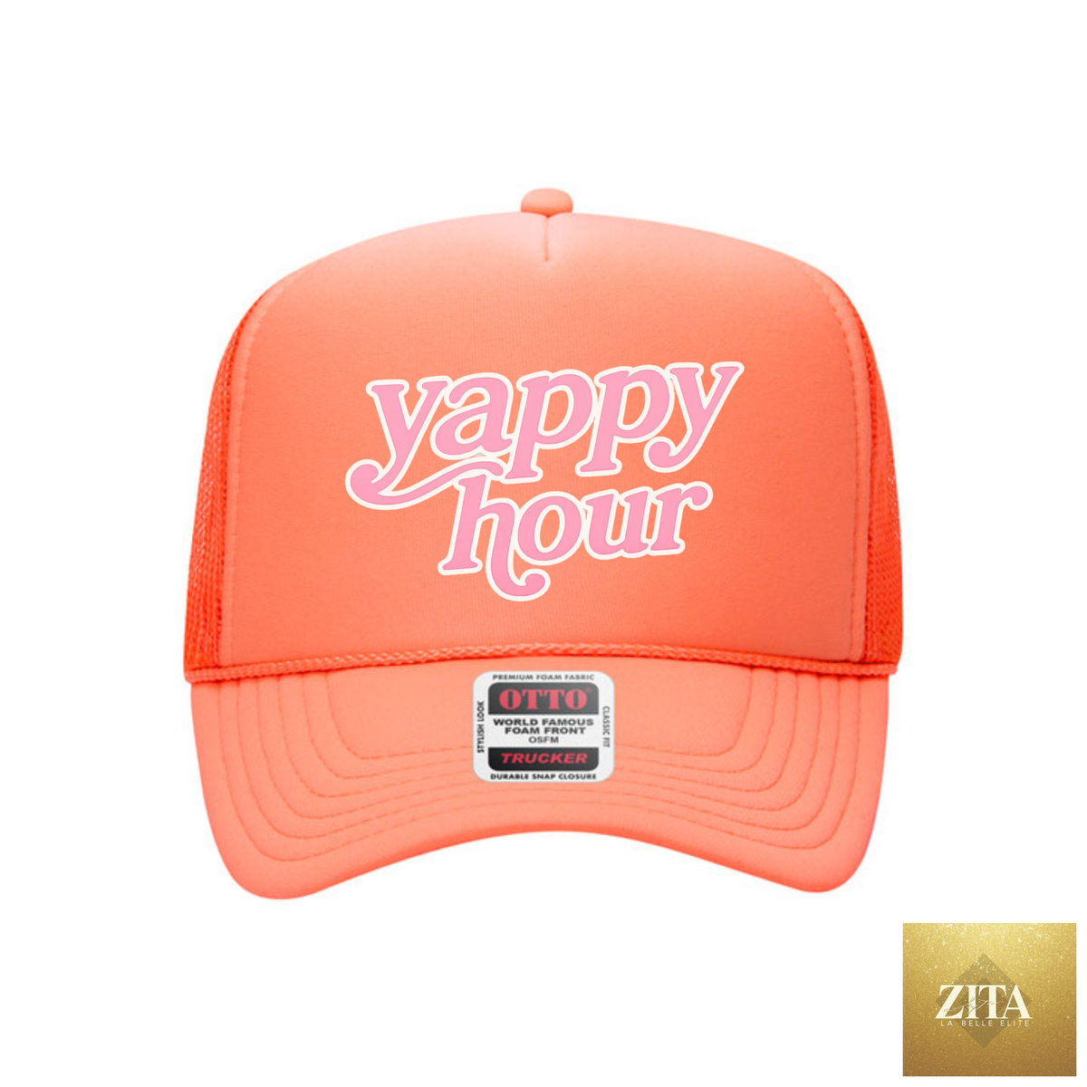 Coral Yappy Hour foam trucker hat featuring a humorous summer design, casual adjustable cap by Hey Jude Graphic Tees.