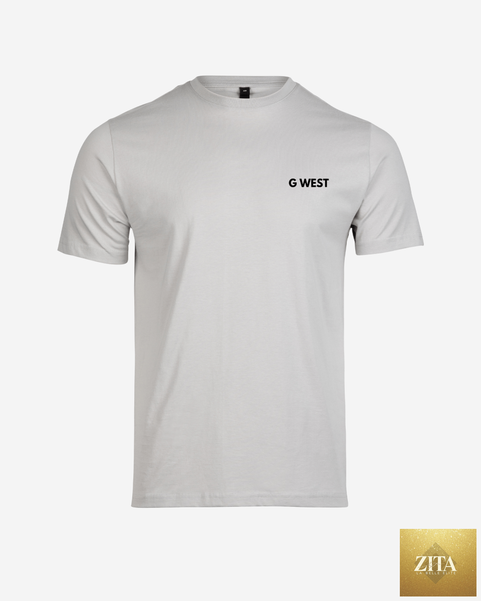 G West men's oversized soft T-shirt in grey violet color, casual fit, lightweight fabric, shown on a hanger.