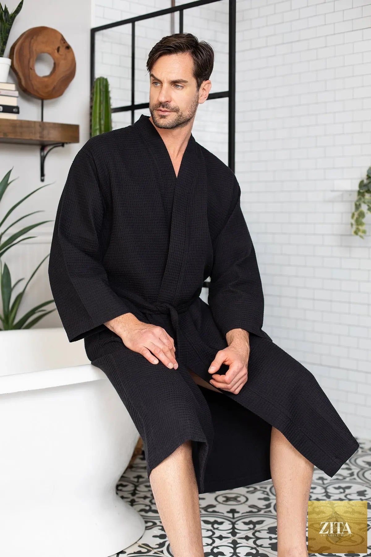 Lotus Linen men's waffle spa bathrobe made of absorbent, lightweight cotton, perfect for relaxing after a bath or shower.