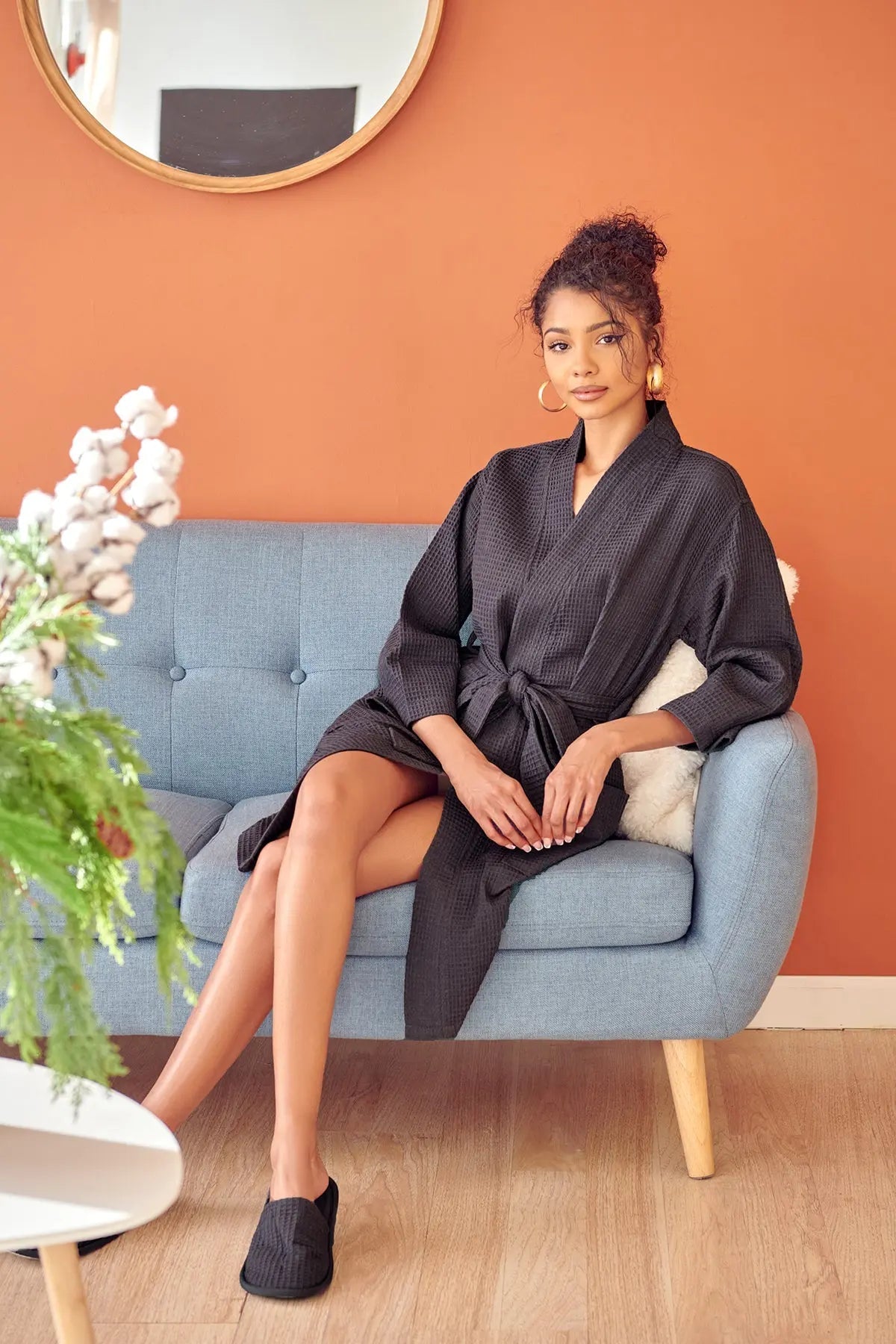 Cotton knee-length waffle robe for women by Lotus Linen, soft and cozy bathrobe with long sleeves and textured waffle fabric.