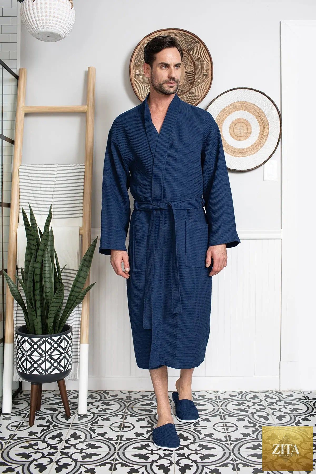 Lotus Linen men's waffle spa bathrobe made of absorbent, lightweight cotton, featuring a cozy, relaxed fit for spa or home use.