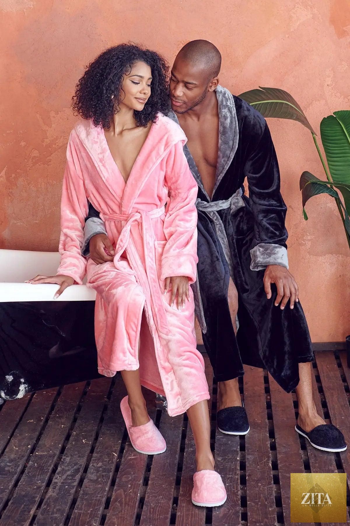 Soft plush hooded women's robe by Lotus Linen, perfect for spa-style comfort at home, featuring a cozy hood and plush fabric.
