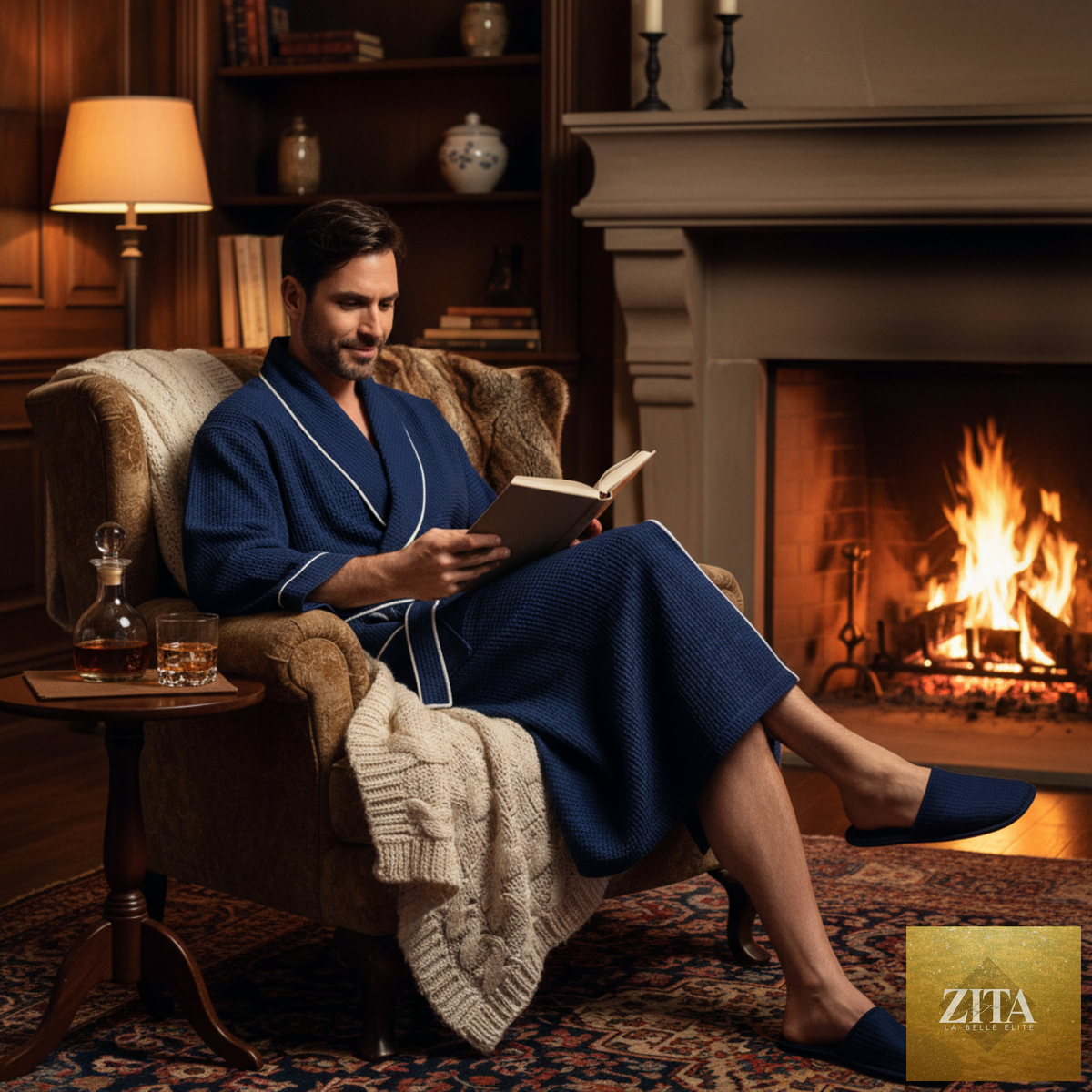 Lotus Linen premium waffle piping men's robe, cozy and soft with a textured waffle fabric and piping details for a luxurious look.