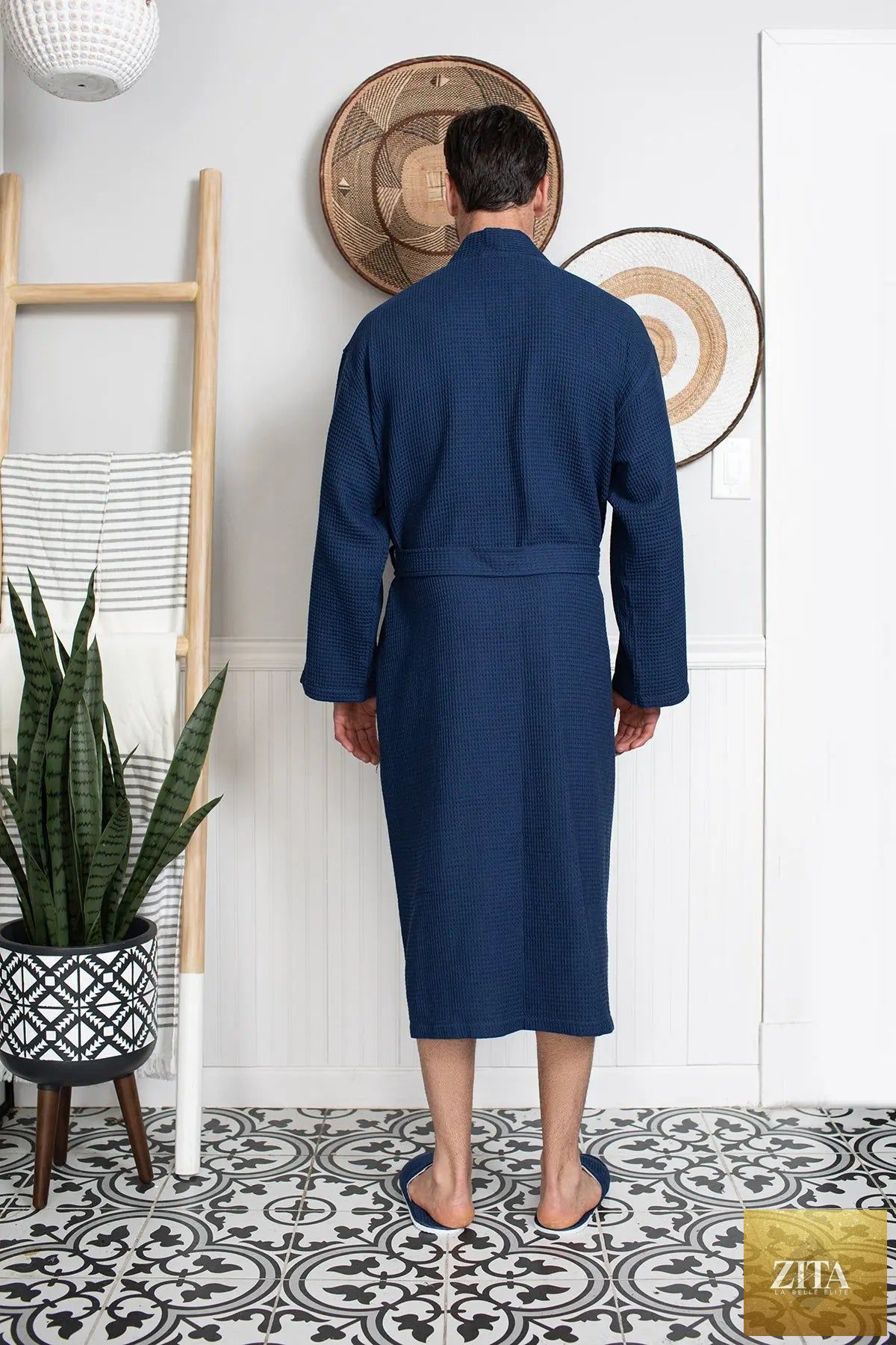 Absorbent, lightweight Waffle Spa Bathrobe for men by Lotus Linen, shown as a cozy, soft robe perfect for relaxation.