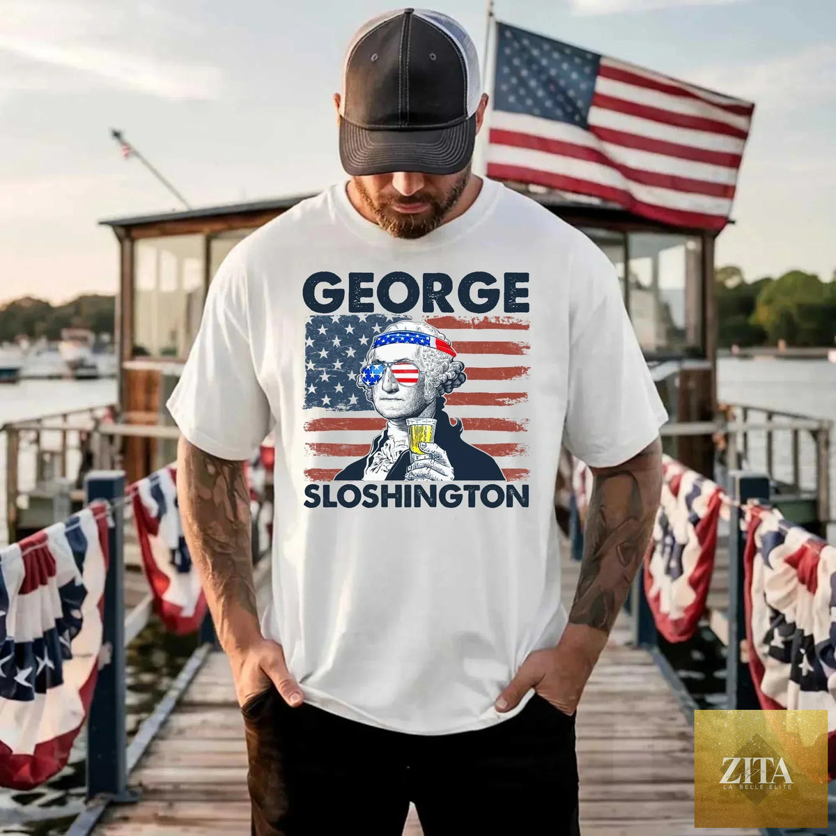 George Sloshington 4th of July T-shirt by Adorb Custom Tees featuring a crew neck design and patriotic Washington drinking party print.