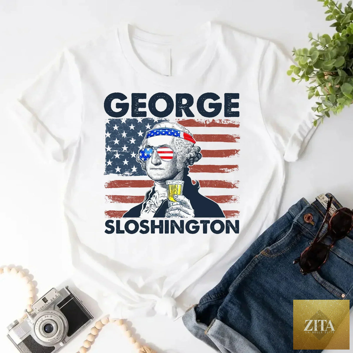 George Sloshington 4th of July T-shirt by Adorb Custom Tees featuring a crew-neck design with a playful Washington drinking party graphic.