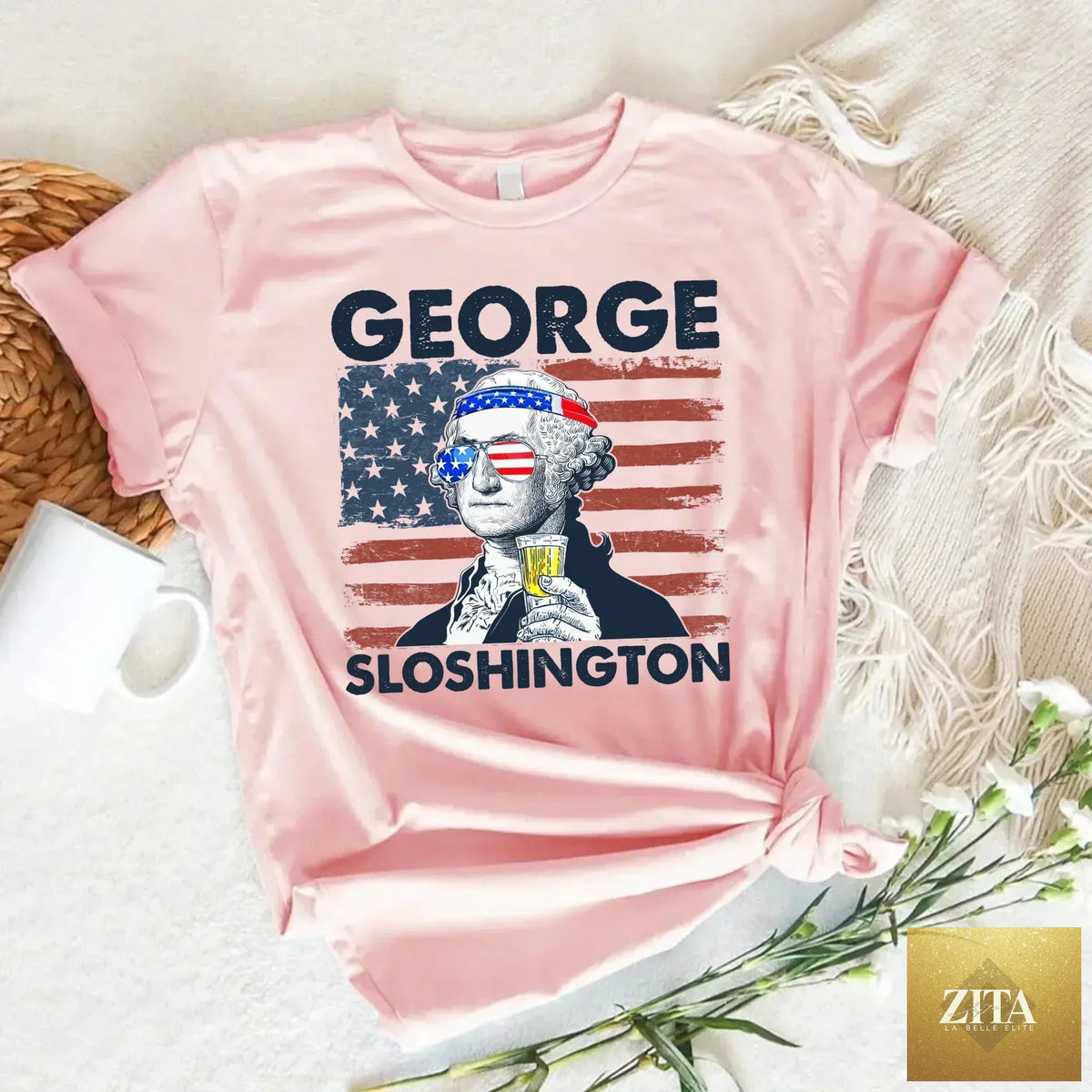 George Sloshington 4th of July T-shirt by Adorb Custom Tees featuring a crew neck and patriotic Washington drinking party design.