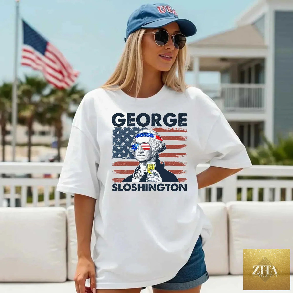 George Sloshington 4th of July T-shirt by Adorb Custom Tees featuring a crew neck and patriotic Washington drinking party design.