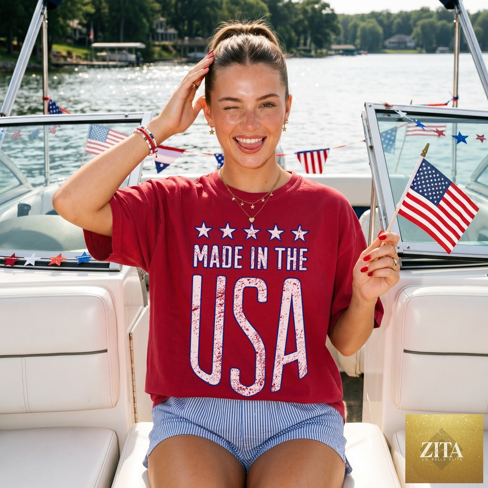 Crimson patriotic graphic tee by Hey Jude Graphic Tees featuring USA-inspired design on made in the USA casual t-shirt.