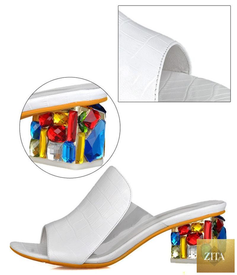 Stevvex crystal open-toe square heel sandals for women with ankle strap, low block heels, and colorful mixed design.