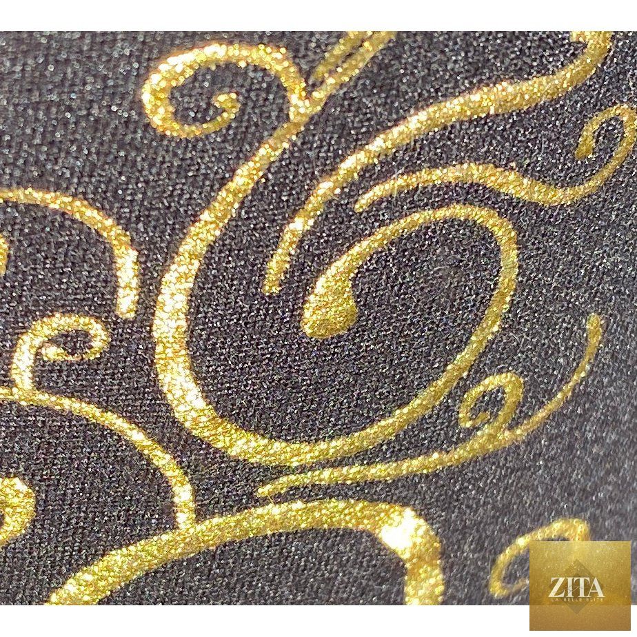 Black and gold Christmas tree leggings with pockets from MM, featuring festive holiday print and comfortable stretchy fabric.