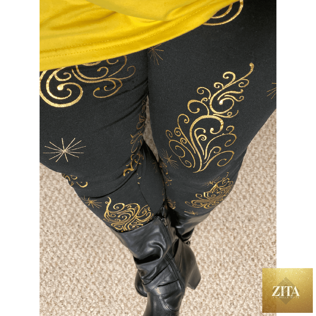 Black and gold Christmas tree leggings with pockets from MM, featuring festive holiday print and comfortable stretch fabric.