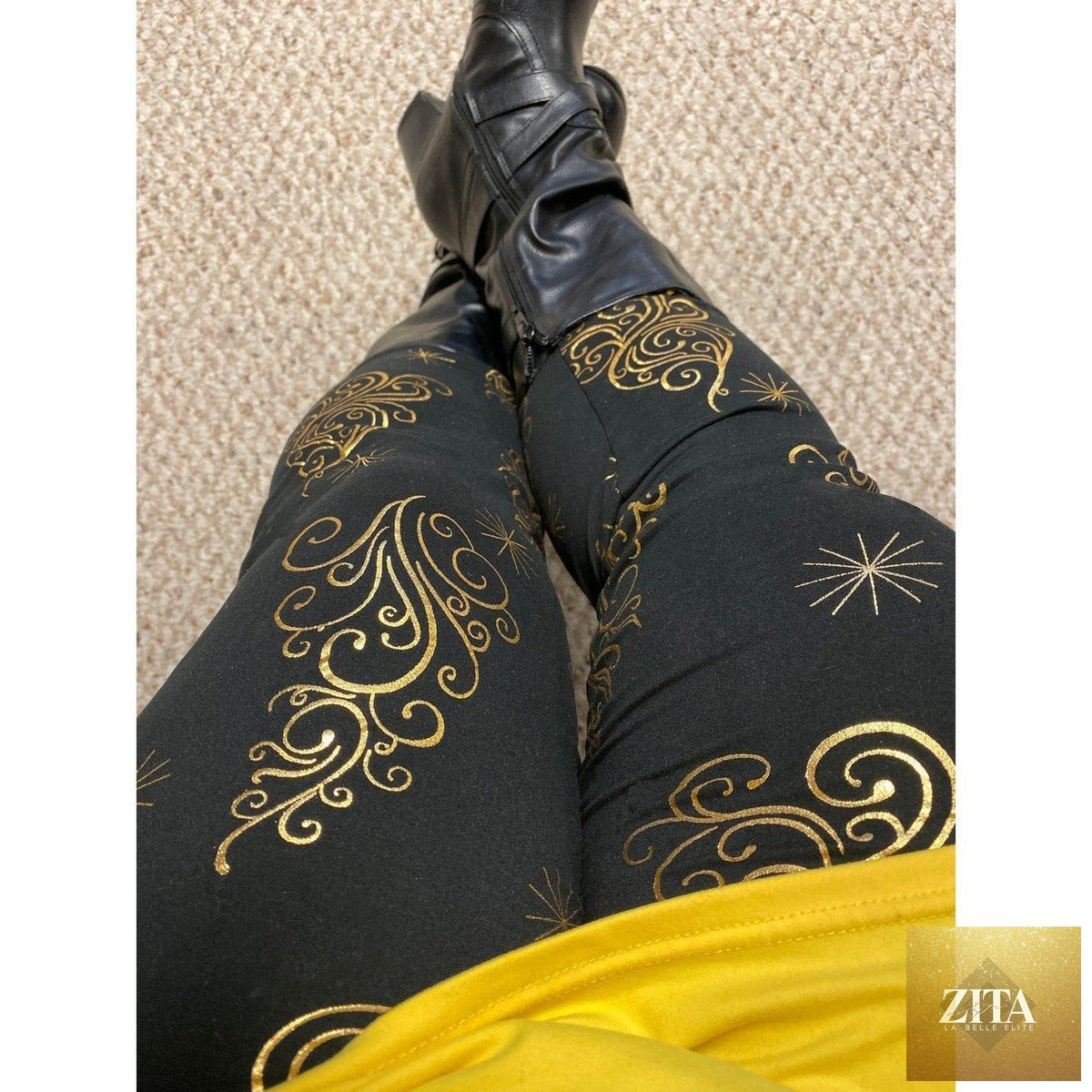 Black and gold Christmas tree leggings with pockets from MM, featuring festive holiday design and comfortable stretchy fabric.
