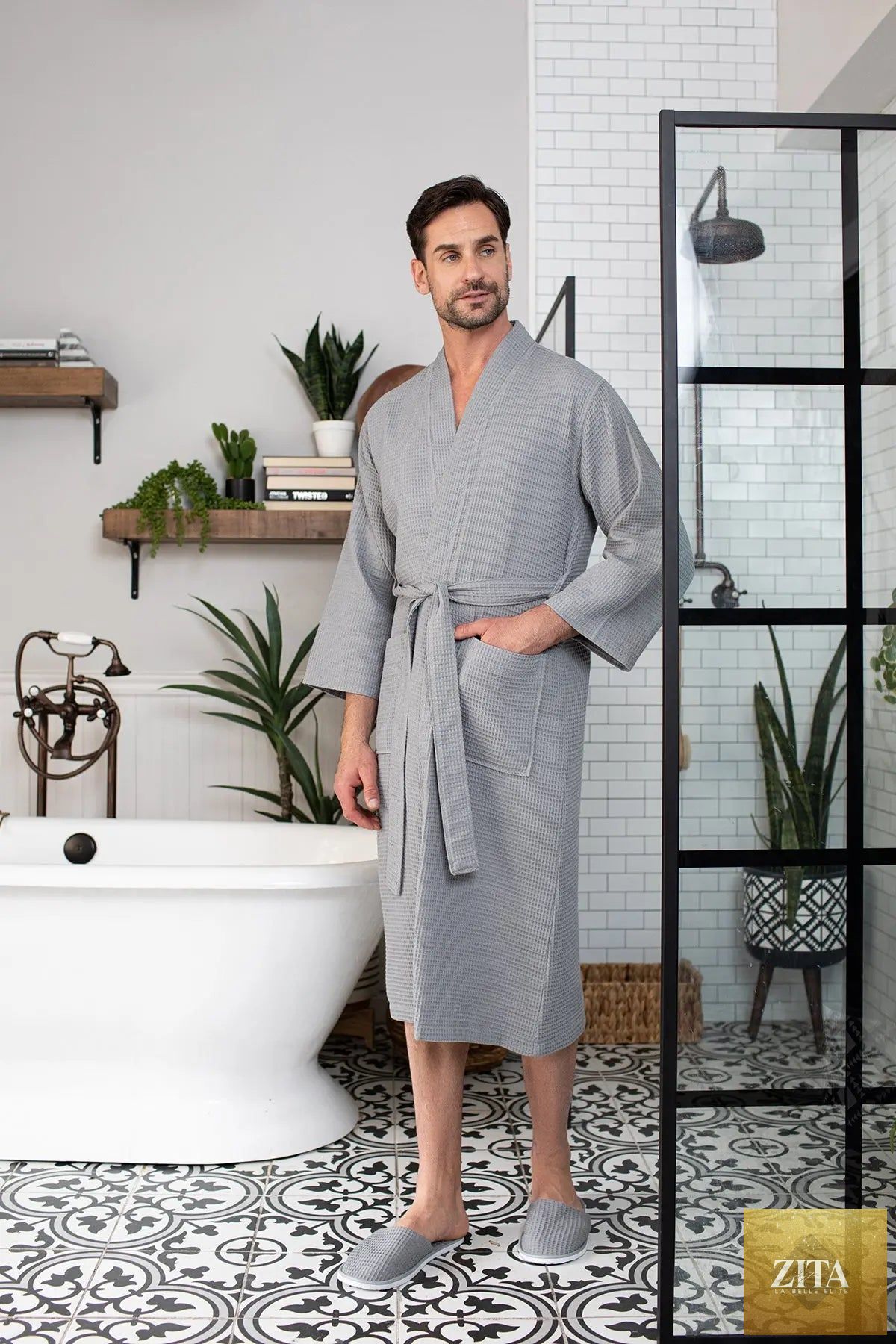 Men's waffle spa bathrobe by Lotus Linen, lightweight and absorbent, shown in a cozy, plush bathrobe style.