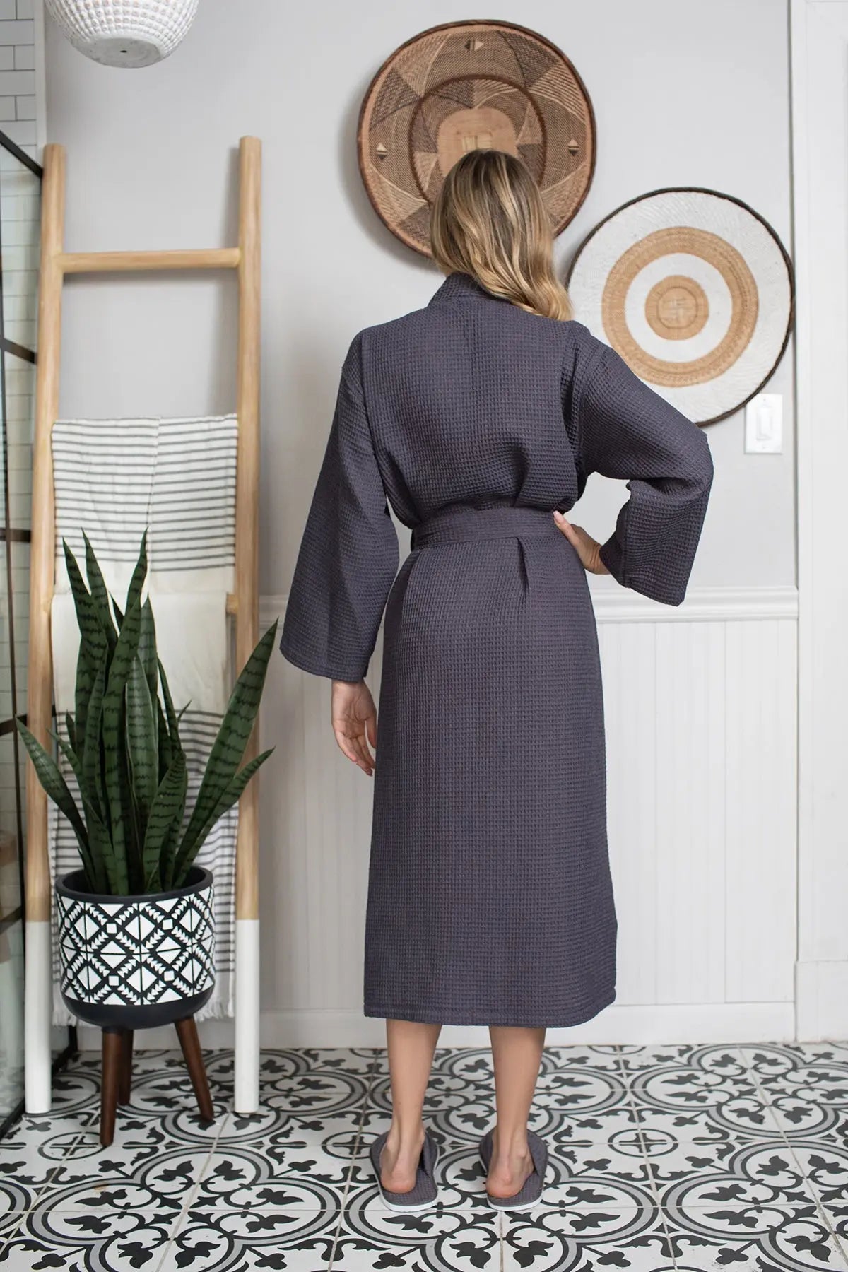 Lightweight women's waffle robe by Lotus Linen, quick-dry spa robe with comfortable fit and textured fabric for relaxation.