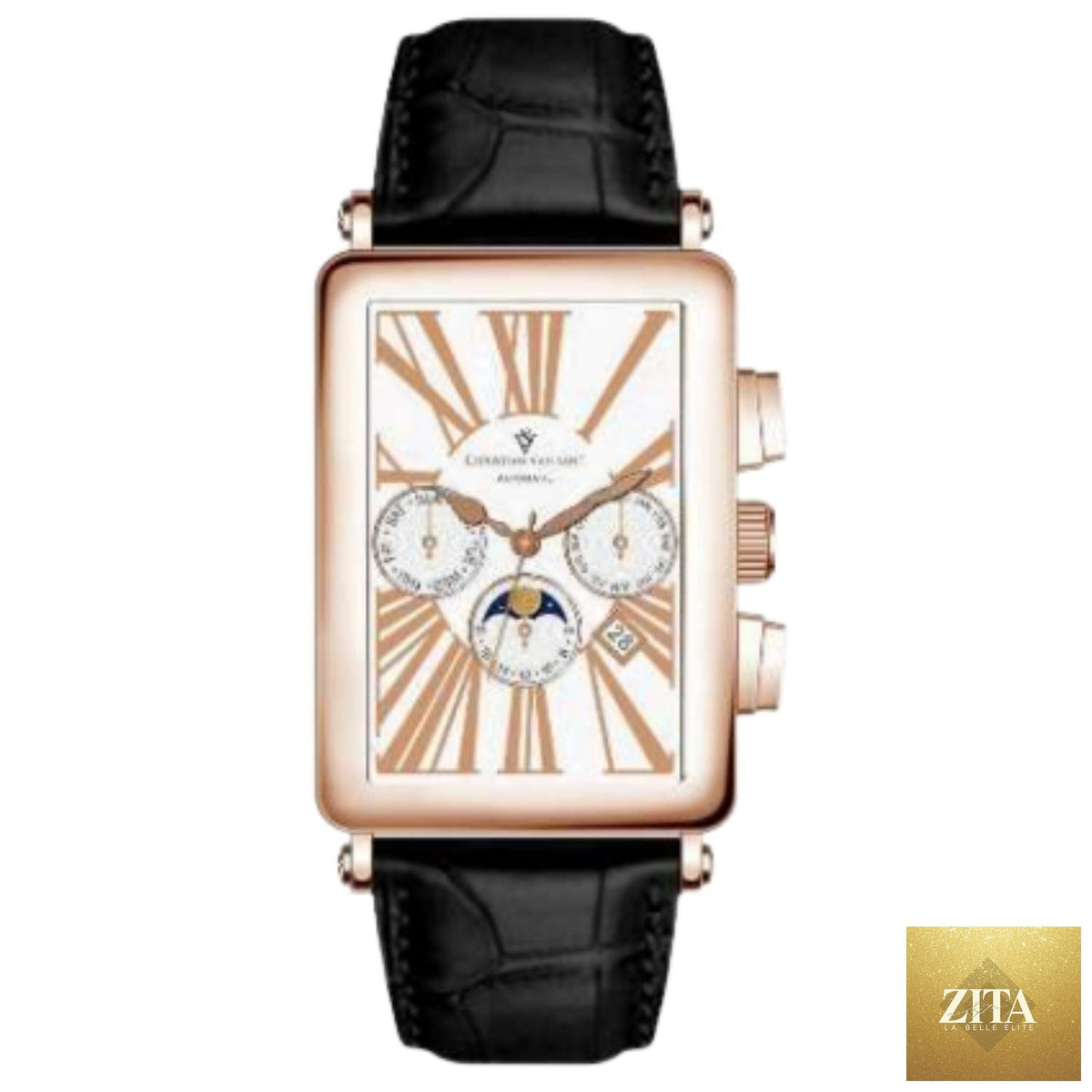 Christian Van Sant Men's Prodigy watch with black leather strap and silver dial, showcasing a stylish and elegant timepiece.