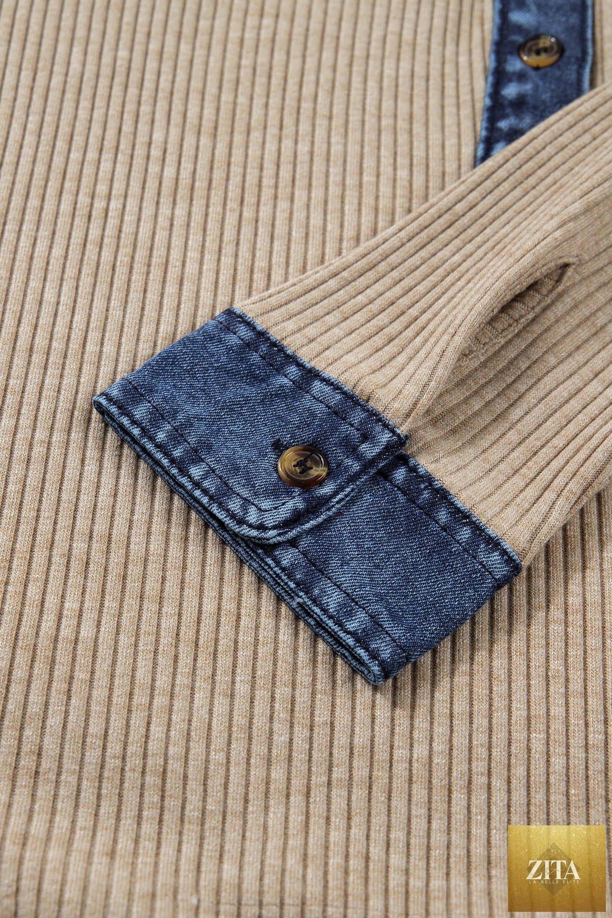 Beige ribbed knit denim patchwork long sleeve polo collar top with cuffed sleeves, from Wild and Free Boutique.