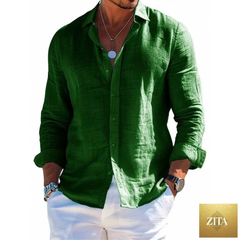 Mandotos men's casual long sleeve shirt with loose fit, solid color, lapel collar, button front, plus size blouse style.