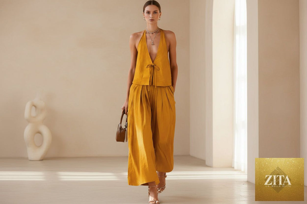 Zita La Belle Elite women's sleeveless vest and wide-leg pants casualwear set with lace-up details, displayed on a stylish model.