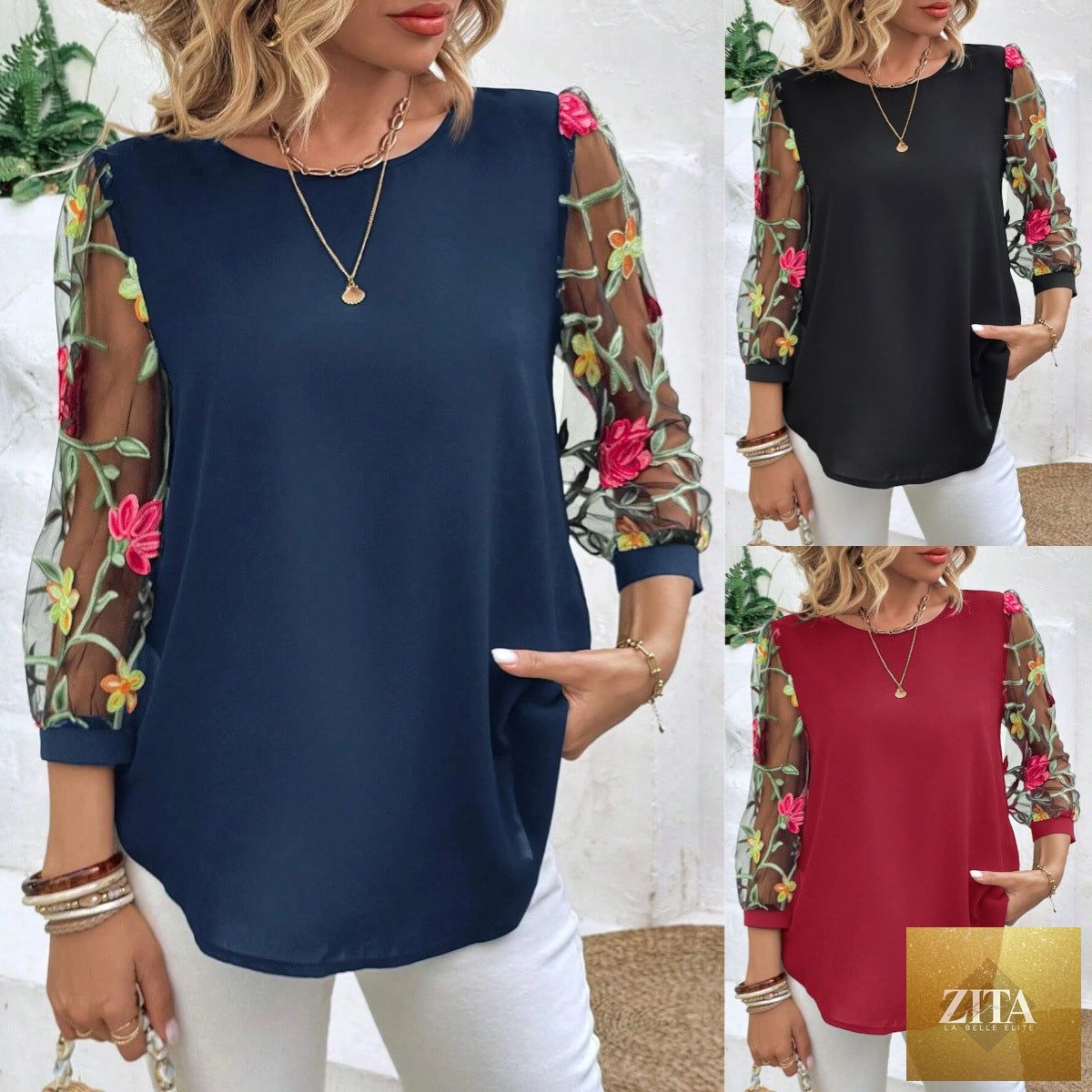 Women's mesh patchwork three-quarter sleeve casual top by Zita La Belle Elite, featuring stylish mesh and patchwork design.