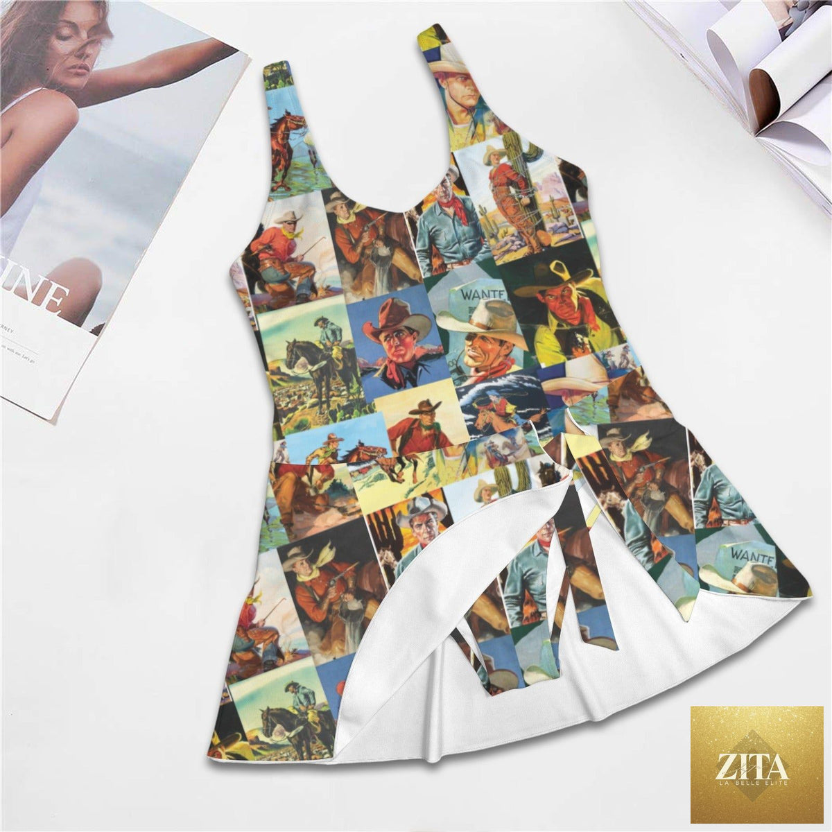 Vintage cowboy-style swimsuit by Baha Ranch Western Wear featuring a skirted one-piece design with western-inspired details.