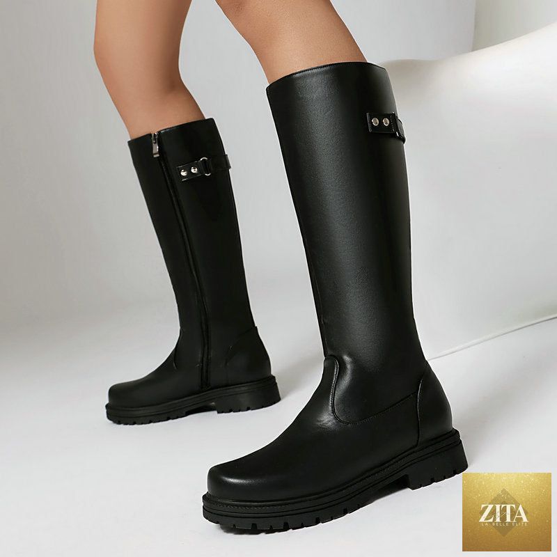 Women’s retro British-style riding boots by FitiqueFit with leather belts and knee-high design, showcasing classic equestrian footwear.