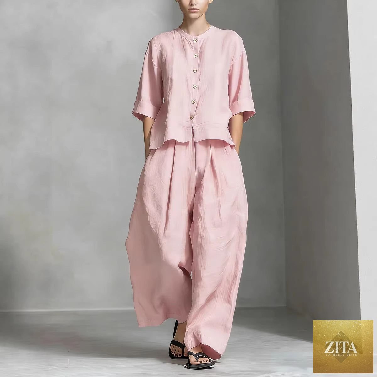 FitiqueFit three-quarter sleeve shirt and loose trousers two-piece set, casual chic clothing for women, stylish and comfortable.