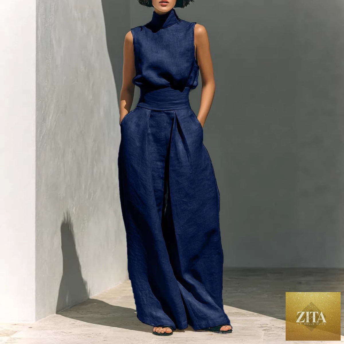 Casual sleeveless summer suit with stand-up collar pullover top and loose straight-leg trousers for women, by LadyShow.Store.