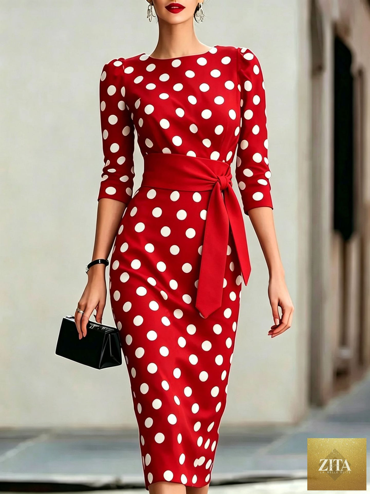 Women's retro polka-dot bodycon midi dress with belt and cross-tie detail, casualwear by Zita La Belle Elite, shown on a model.