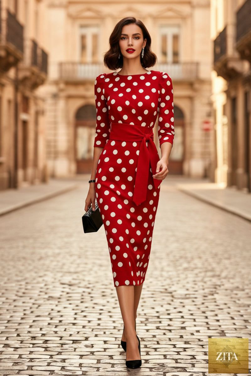 Women's retro polka-dot bodycon midi dress with belted cross-tie by FitiqueFit, casualwear style, featuring a fitted silhouette and classic pattern.