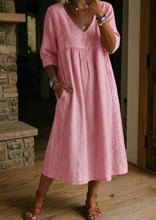 Women's linen cotton V-neck dress by FitiqueFit with lace trim, loose fit, available in seven colors, casualwear for warm weather