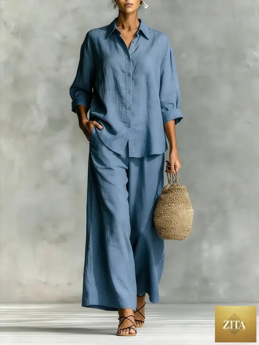 Zita La Belle Elite cotton-linen casual shirt and wide-leg pants suit in multiple colors, available in sizes S to 5XL.