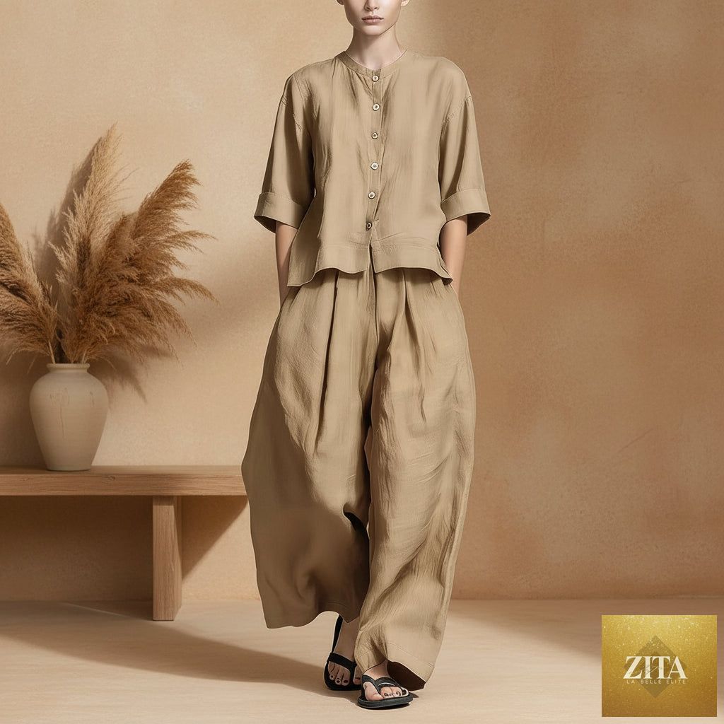 FitiqueFit three-quarter sleeve shirt and loose trousers two-piece set, featuring a stylish, comfortable matching outfit.