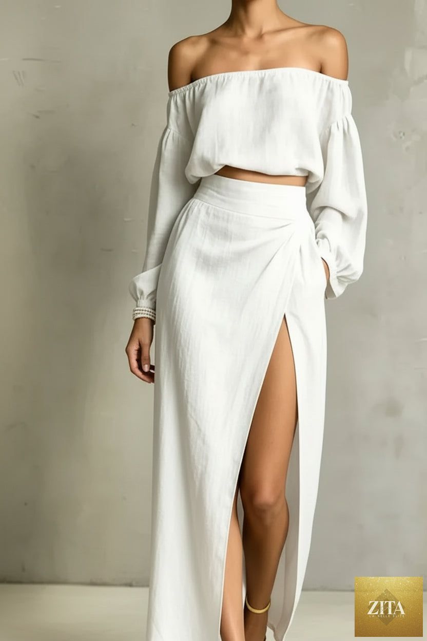 Women's Off-Shoulder Puff-Sleeve Crop Top & Wrap-Front High-Slit Maxi Skirt Set