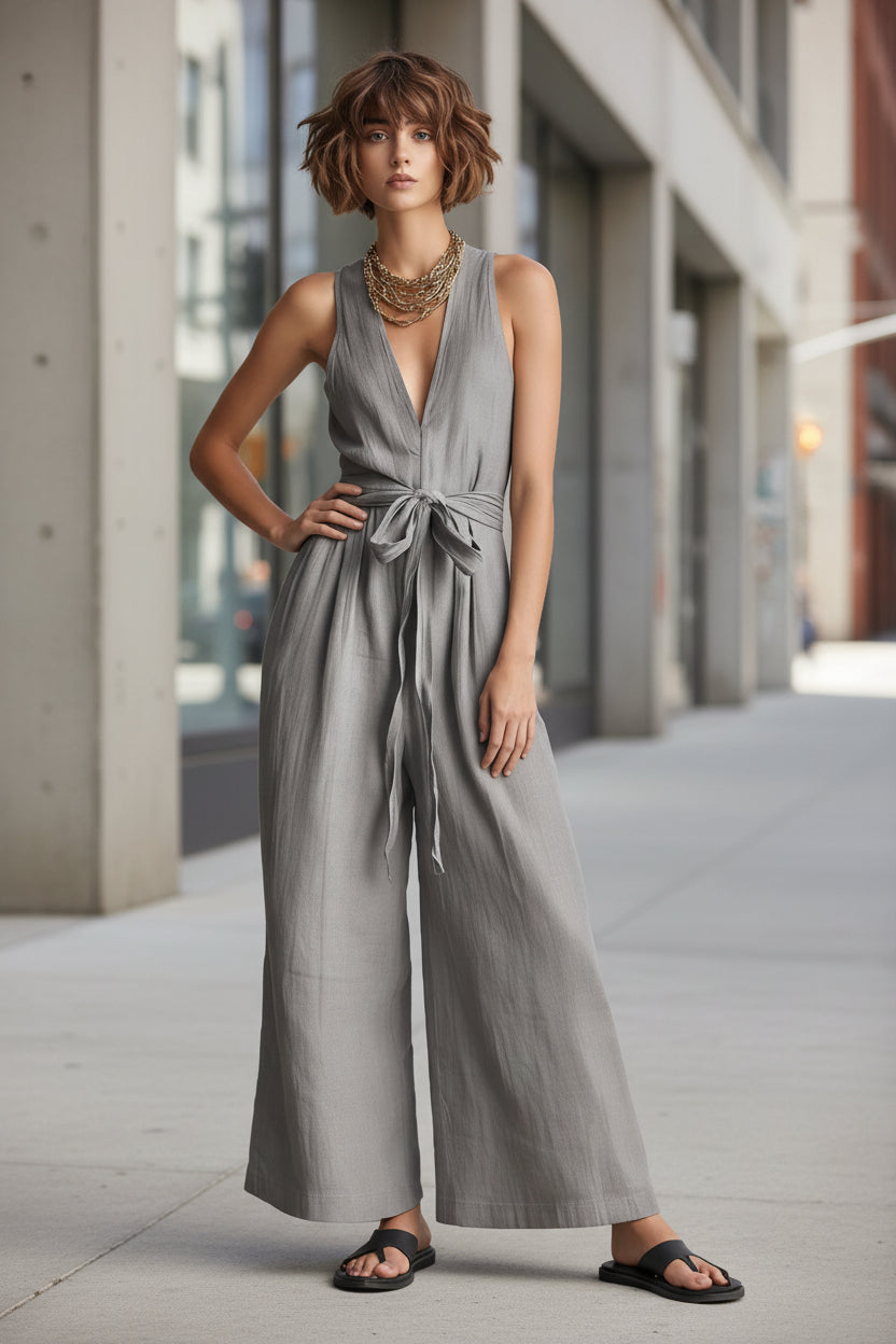 Women's Elegant V-Neck Sleeveless Commuter Jumpsuit