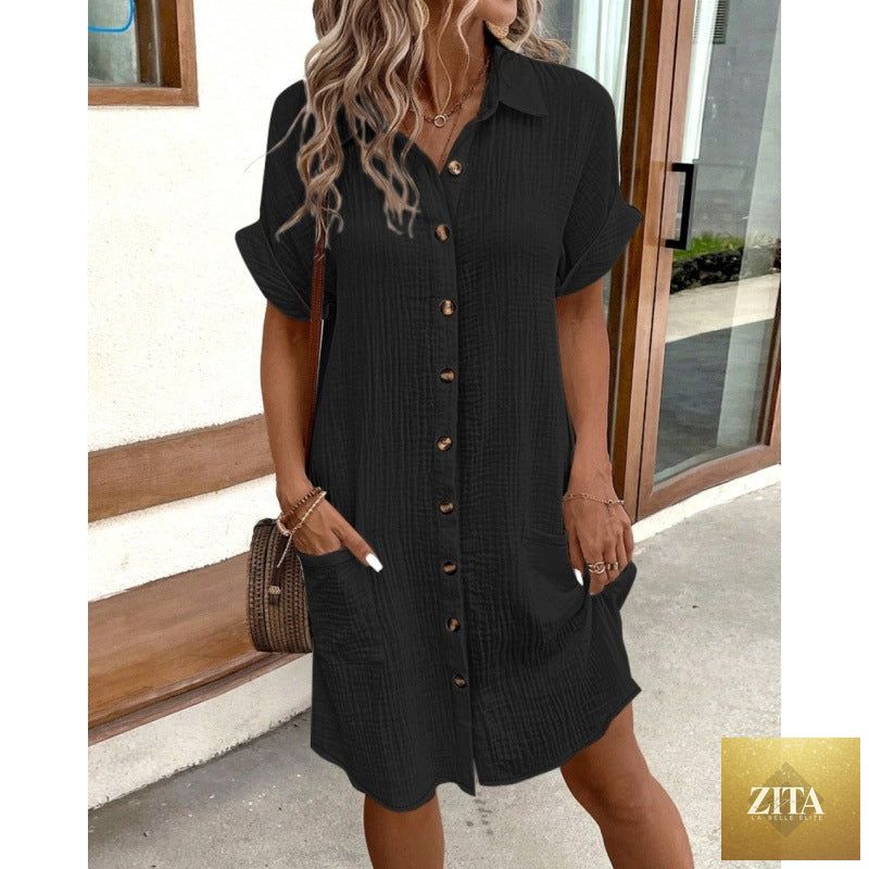 Zita La Belle Elite women's cotton linen V-neck button-front A-line shirt dress hanging on a wooden hanger.
