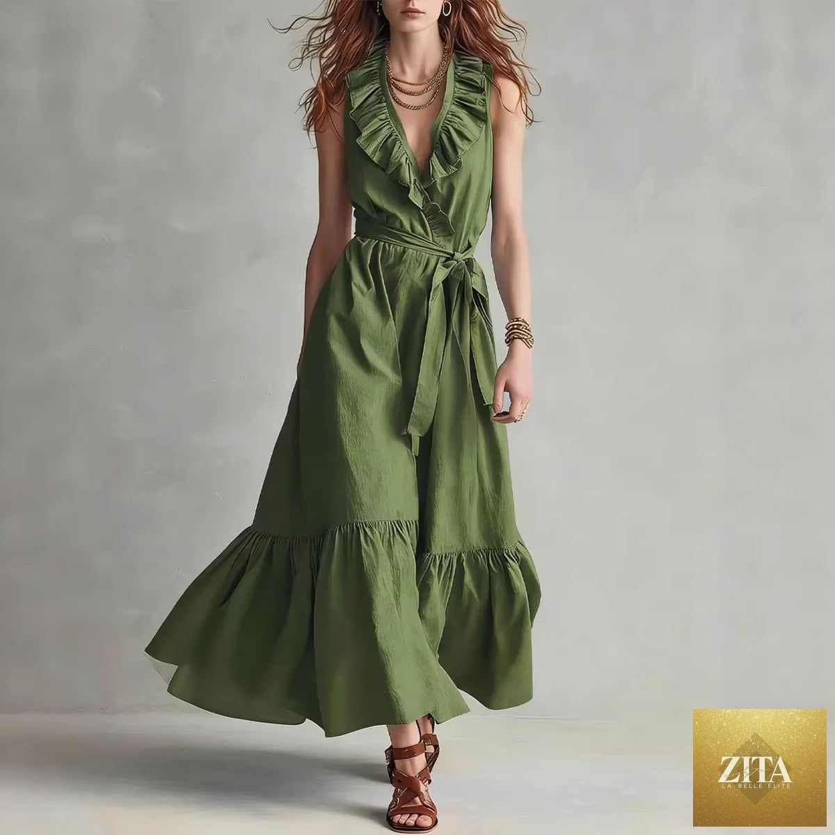 Women's V-neck sleeveless lace-up panelled maxi dress with wide flare, casualwear by FitiqueFit, featuring lace details and flowing fabric.