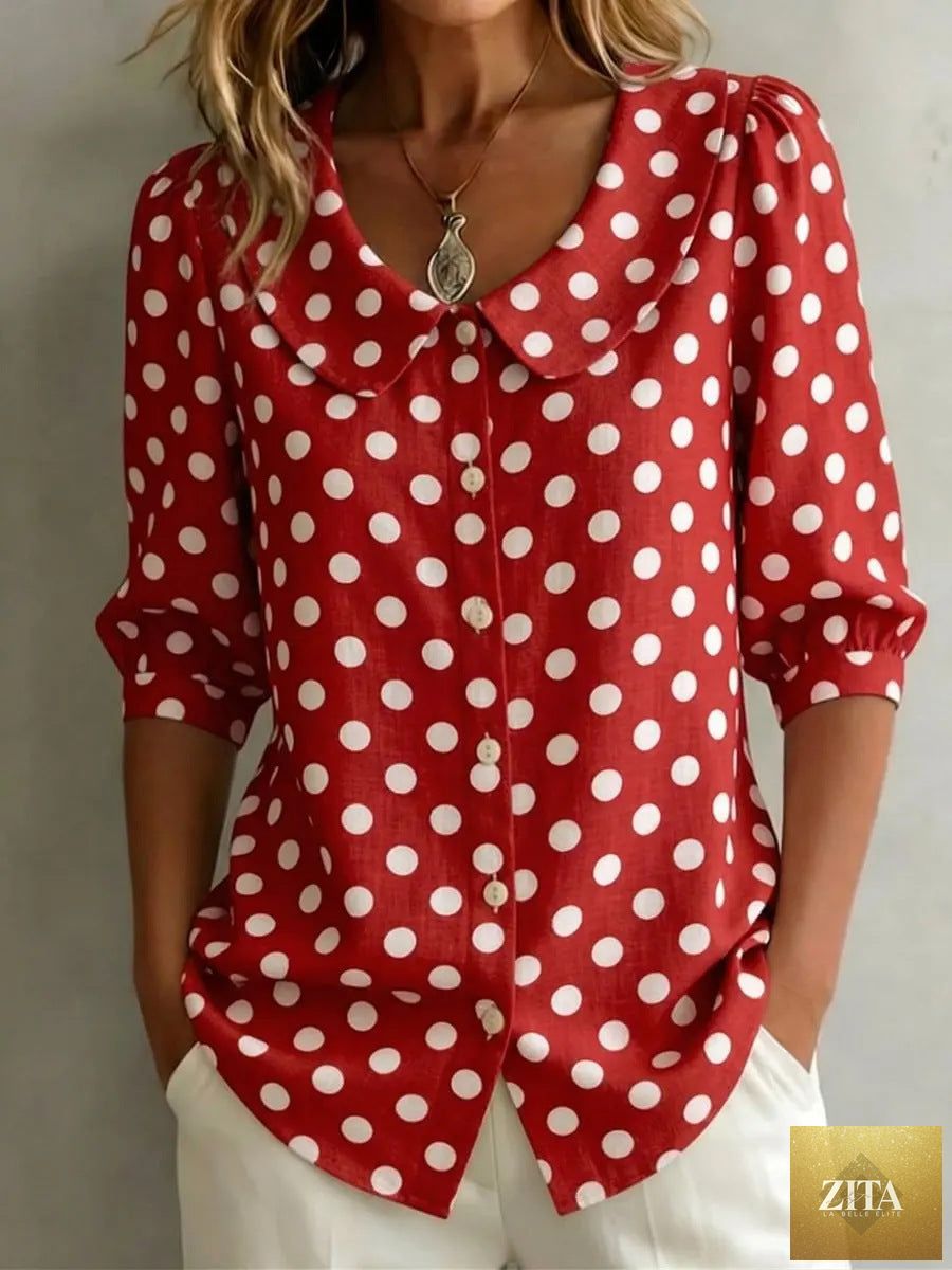 Women's retro polka dot casual cardigan with three-quarter sleeves, loose fit, by Zita La Belle Elite.