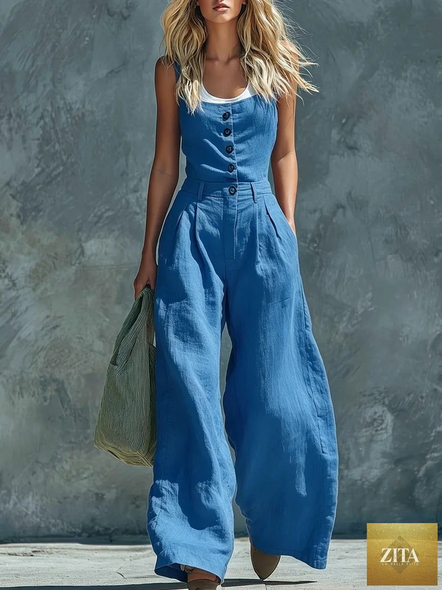 Women's retro button-front high-waist wide-leg jumpsuit by Zita La Belle Elite, casualwear, shown in a stylish, relaxed fit.