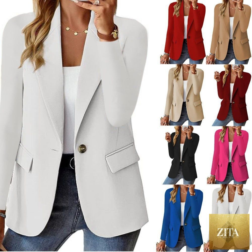Zita La Belle Elite women's ins lapel button jacket with long sleeves, casual commuter style, outwear clothing in a fashion-forward design.