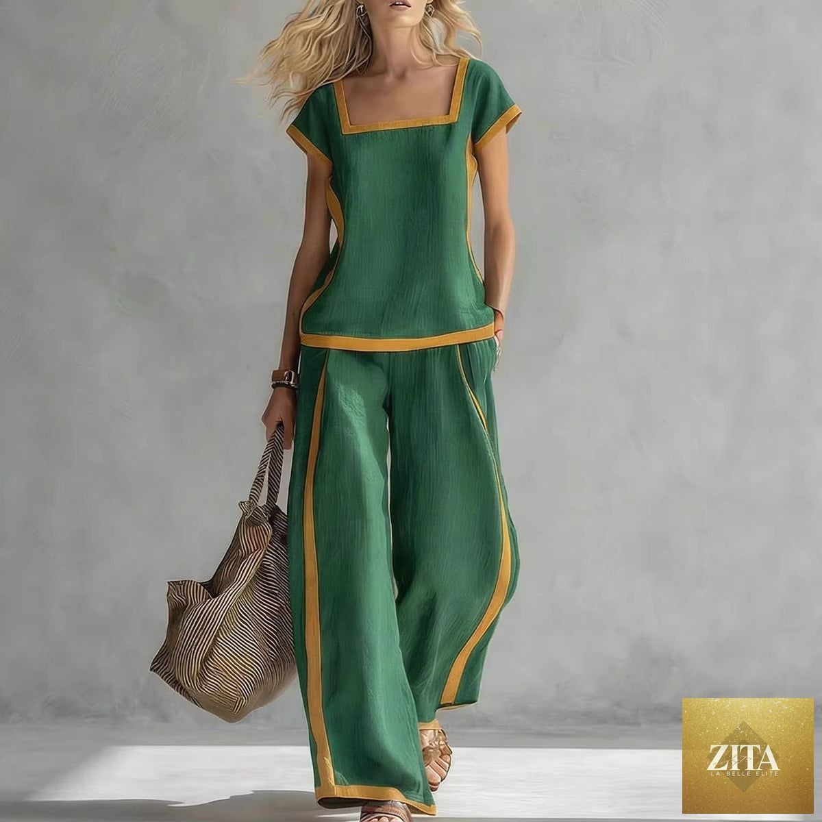 Zita La Belle Elite solid color shirt and wide-leg trousers two-piece set, featuring a relaxed fit and stylish design.