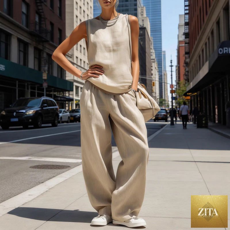 Zita La Belle Elite women's sleeveless cardigan top and pants casual two-piece set, featuring a comfortable, stylish design.
