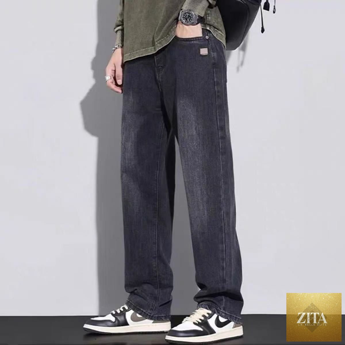 Mandotos men's fleece-lined American style retro straight leg high street pants, beige color, front view showing waistband and pockets.