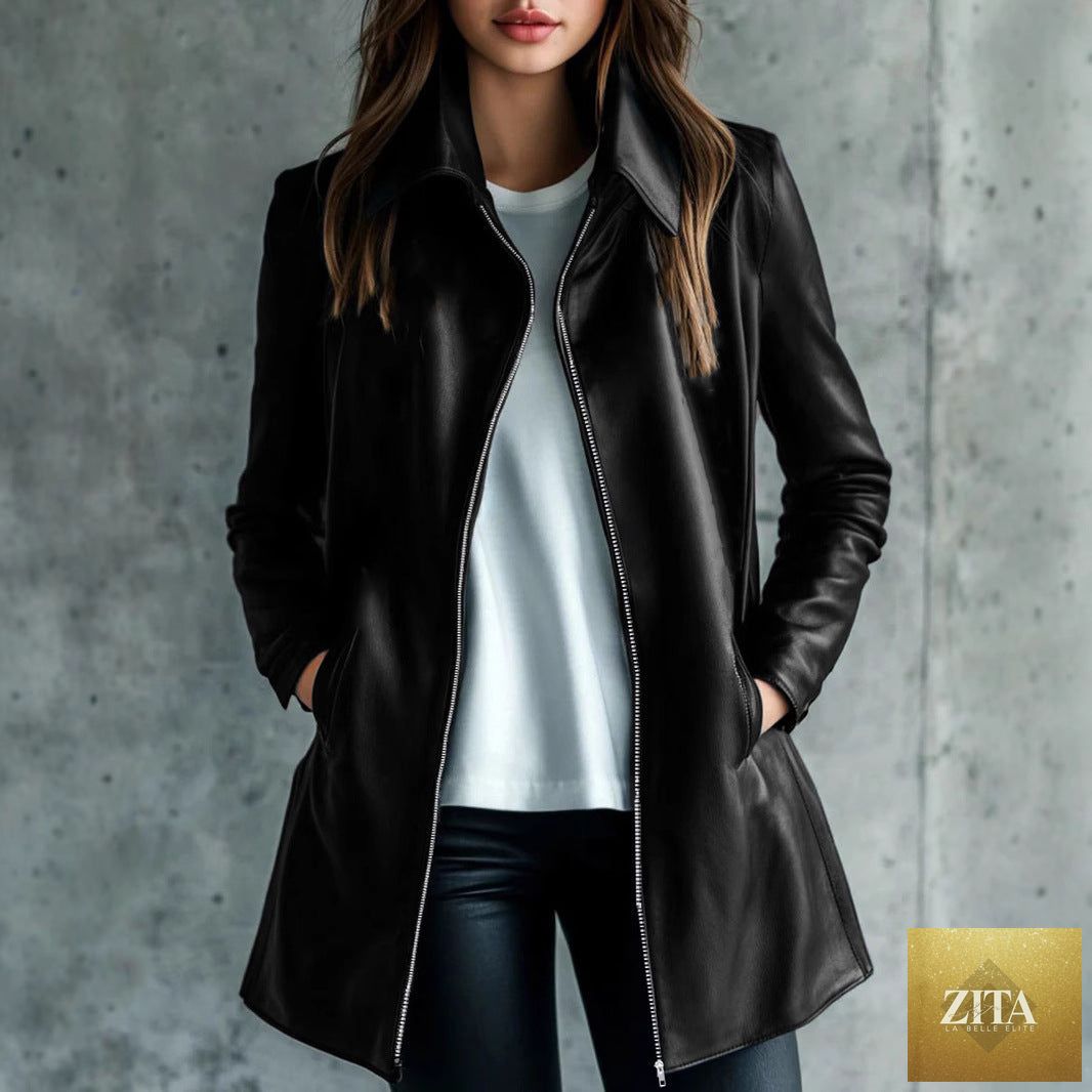 Elegant women's leather jacket from My Store, high-grade, versatile casual style, shown in black with classic design details.